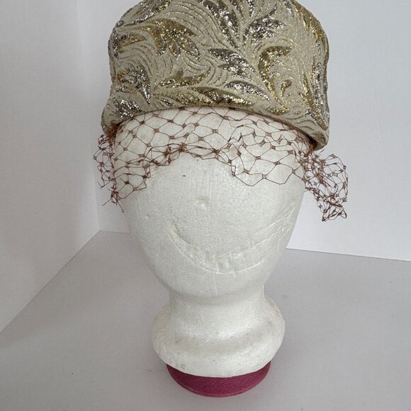 Sequin Pillbox Hat Vintage Gold Brocade Cocktail Netting Union Tag UHCMW Label - Picture 11 of 11
